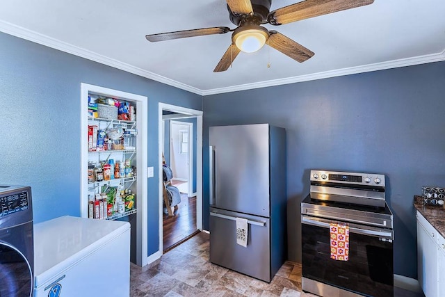 kitchen featuring ceiling fan, white cabinetry, stainless steel appliances, ornamental molding, and washer / clothes dryer