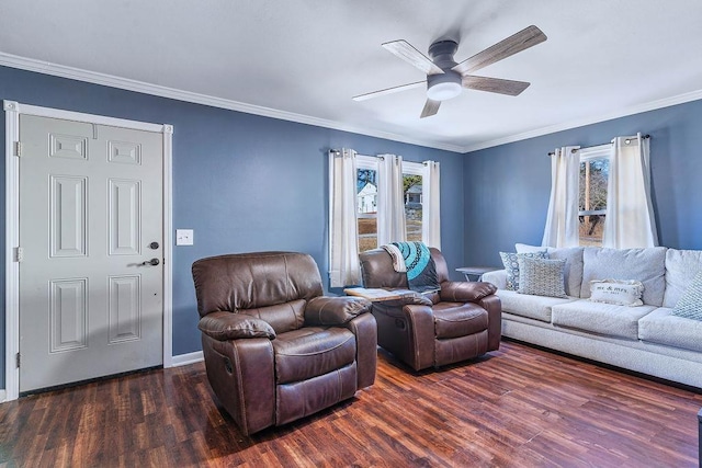 living room featuring crown molding, dark hardwood / wood-style floors, and ceiling fan