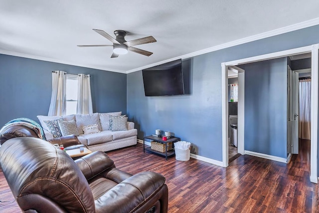 living room with crown molding, dark hardwood / wood-style floors, and ceiling fan