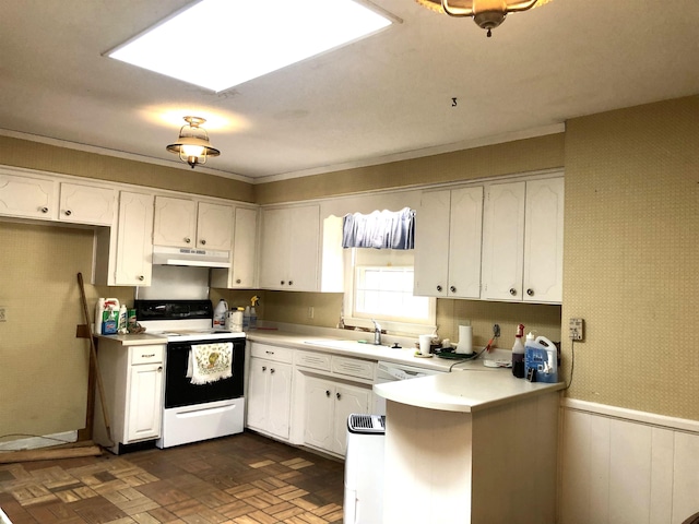 kitchen featuring white cabinets, sink, electric range, and kitchen peninsula