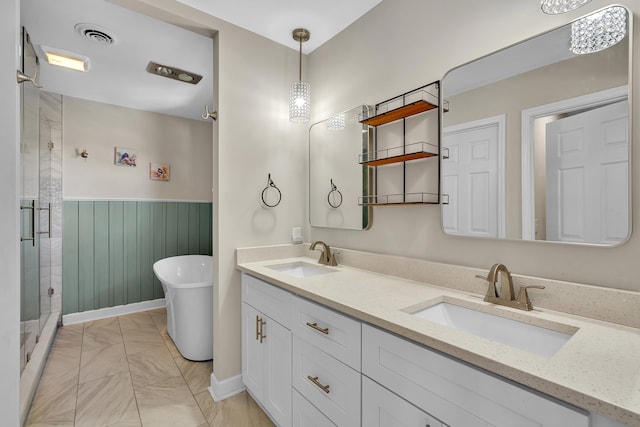 bathroom with independent shower and bath, vanity, and wooden walls