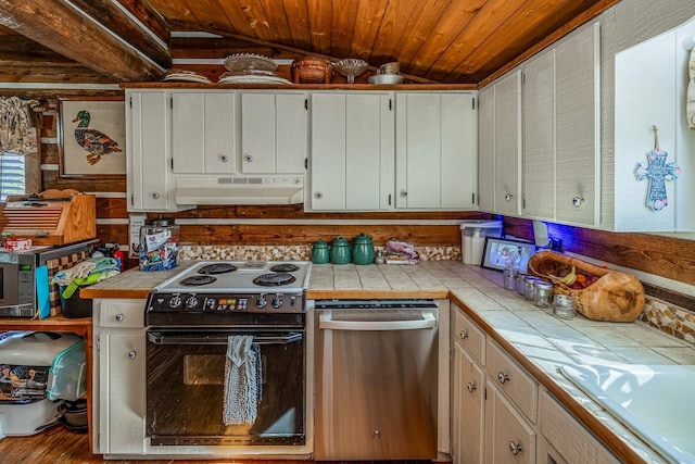 kitchen with white cabinetry, tile countertops, wooden ceiling, dishwasher, and black range with electric stovetop