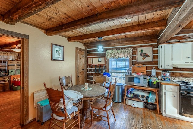 dining room featuring hardwood / wood-style flooring, beam ceiling, and wooden ceiling