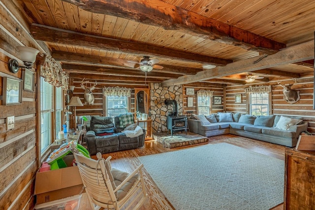 living room with rustic walls, wood-type flooring, wooden ceiling, a wood stove, and ceiling fan