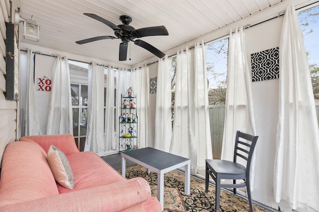 interior space with wooden ceiling and ceiling fan