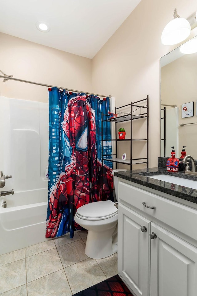 full bathroom featuring tile patterned flooring, vanity, shower / bathtub combination with curtain, and toilet