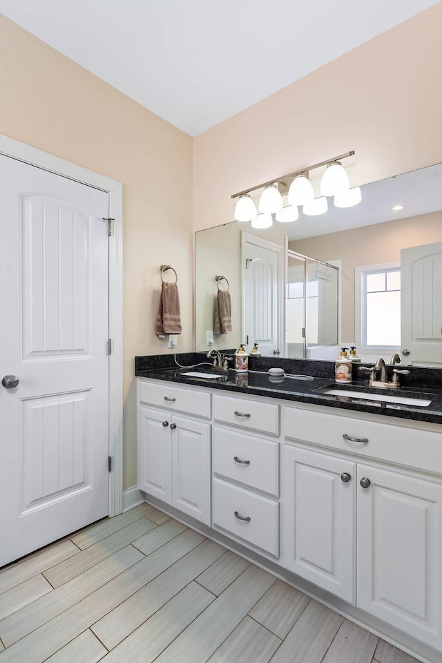 bathroom featuring vanity and a shower with door