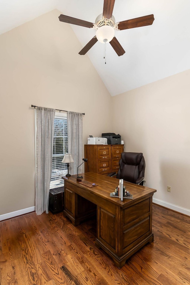 office space featuring high vaulted ceiling, dark hardwood / wood-style floors, and ceiling fan