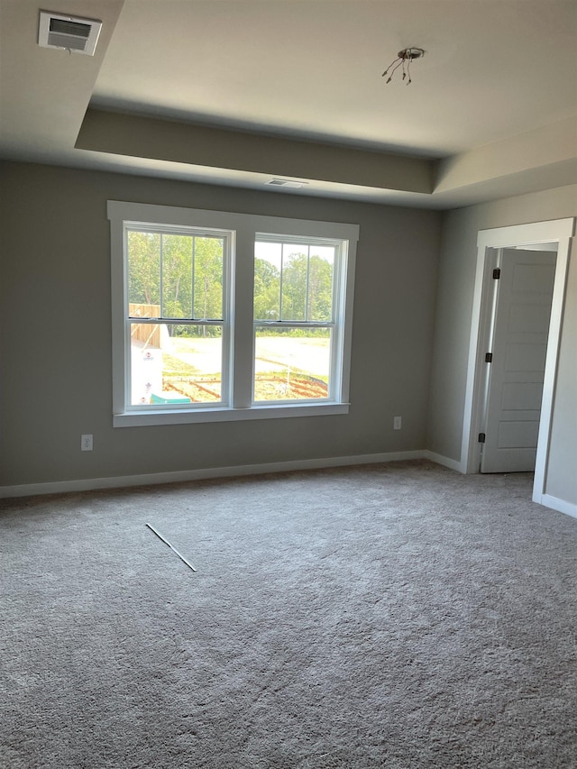 carpeted spare room with a tray ceiling