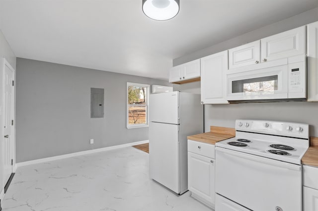 kitchen featuring white cabinets, white appliances, and electric panel