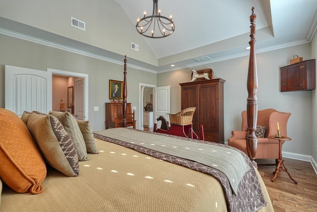 bedroom with crown molding, an inviting chandelier, high vaulted ceiling, and light hardwood / wood-style flooring