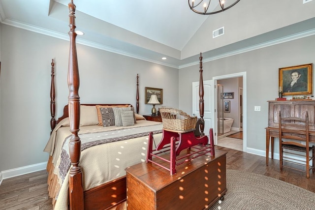 bedroom featuring ornamental molding, wood-type flooring, high vaulted ceiling, and ensuite bath