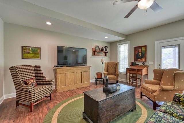 living room featuring wood-type flooring and ceiling fan