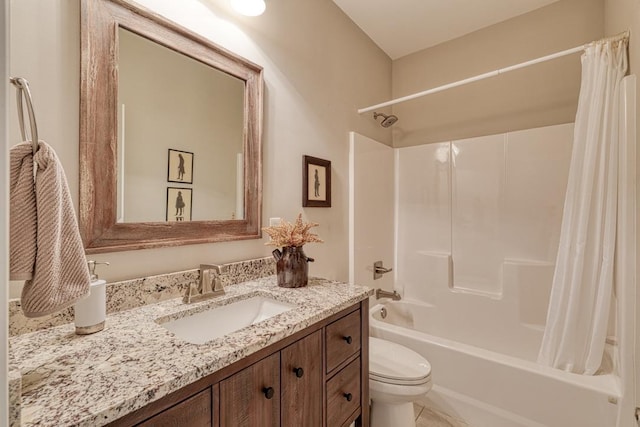 full bathroom with toilet, vanity, and shower / bathtub combination with curtain