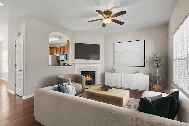 living room with ceiling fan and dark hardwood / wood-style floors