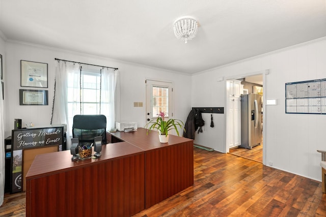 office with dark hardwood / wood-style flooring and crown molding