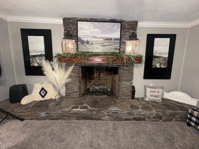 living room featuring crown molding, carpet floors, a large fireplace, and a textured ceiling