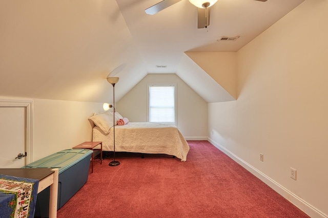 bedroom featuring ceiling fan, lofted ceiling, and dark carpet