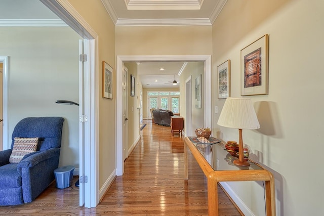 corridor featuring hardwood / wood-style flooring and crown molding