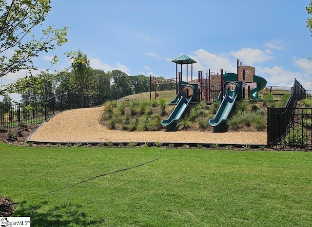 view of play area featuring a lawn