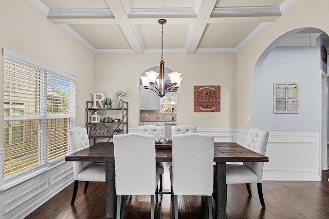 dining area with a chandelier, dark hardwood / wood-style flooring, coffered ceiling, crown molding, and beam ceiling