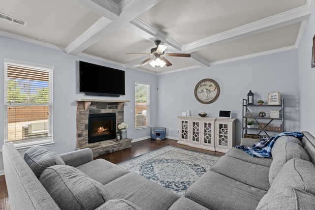 living room with coffered ceiling, beam ceiling, dark wood-type flooring, and a stone fireplace