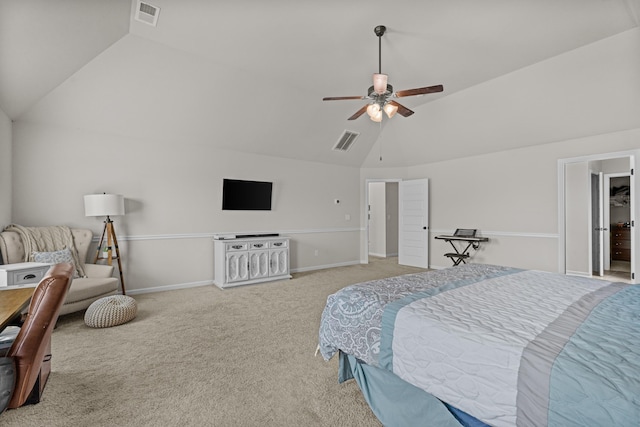 carpeted bedroom with lofted ceiling and ceiling fan