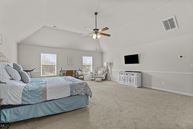 carpeted bedroom featuring lofted ceiling and ceiling fan