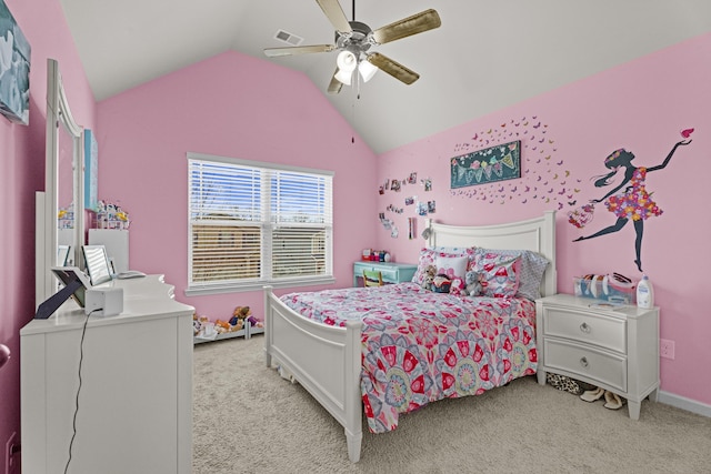 carpeted bedroom featuring ceiling fan and vaulted ceiling