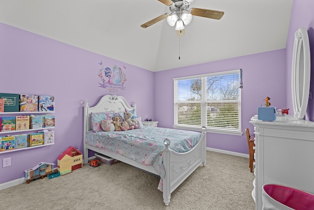 bedroom with lofted ceiling, light carpet, and ceiling fan