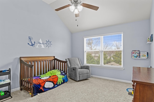 bedroom featuring carpet, lofted ceiling, and ceiling fan