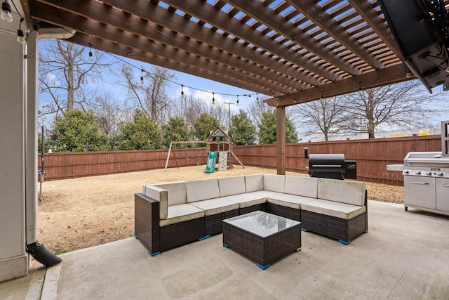 view of patio / terrace featuring a playground, area for grilling, an outdoor living space, and a pergola