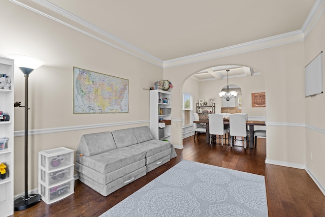 living room with coffered ceiling, dark wood-type flooring, and ornamental molding