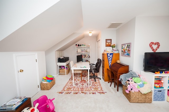 game room featuring vaulted ceiling and carpet flooring