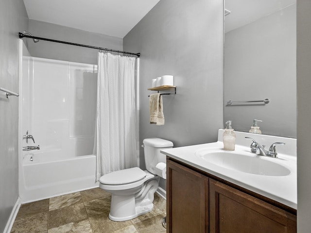 full bathroom featuring vanity, shower / tub combo, and toilet