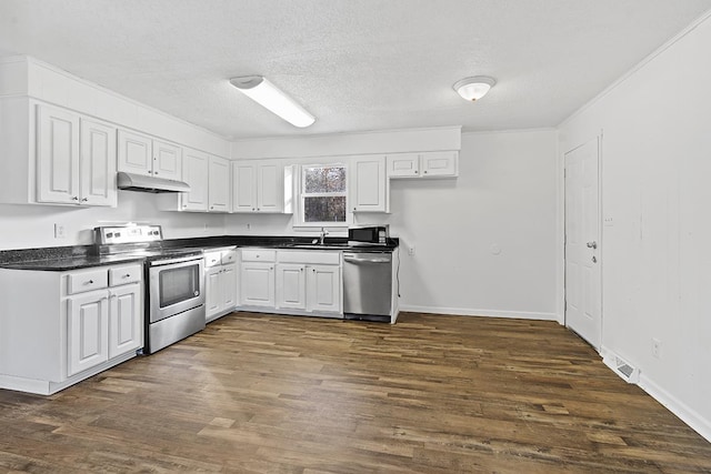 kitchen featuring white cabinetry, appliances with stainless steel finishes, and dark hardwood / wood-style flooring