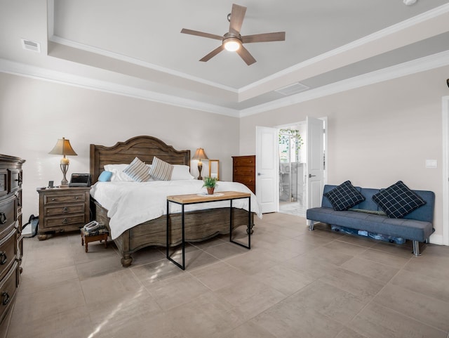 bedroom with ornamental molding, a raised ceiling, and ceiling fan