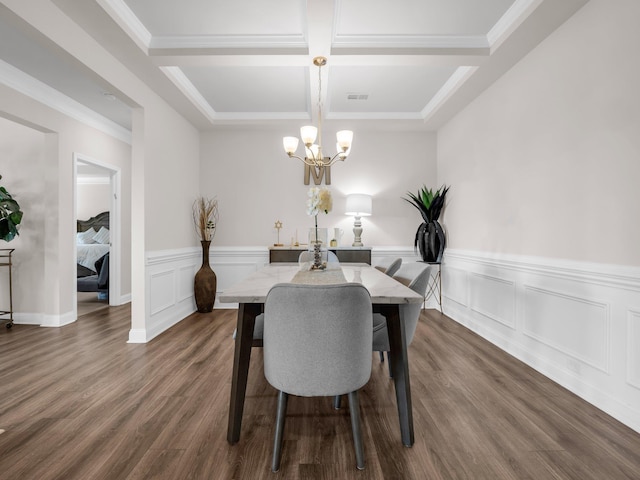 dining space featuring beamed ceiling, coffered ceiling, a notable chandelier, crown molding, and dark wood-type flooring