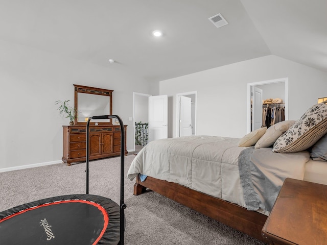 bedroom featuring vaulted ceiling, a spacious closet, carpet floors, and a closet