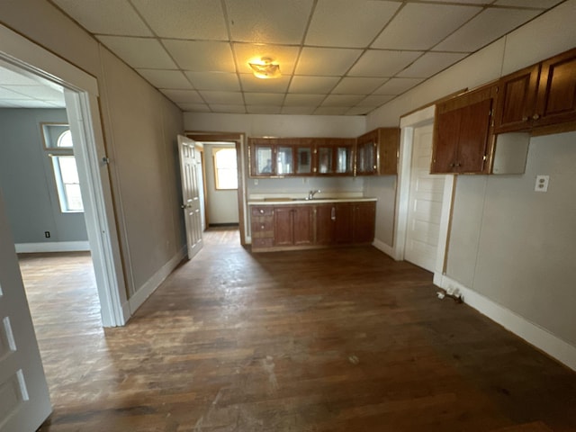 kitchen with sink, dark hardwood / wood-style floors, and a paneled ceiling