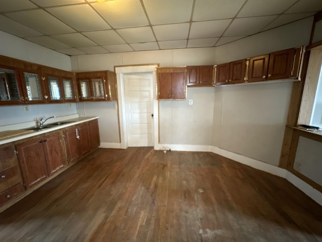 kitchen featuring a paneled ceiling, dark hardwood / wood-style floors, and sink