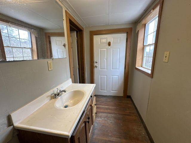 bathroom featuring vanity and wood-type flooring