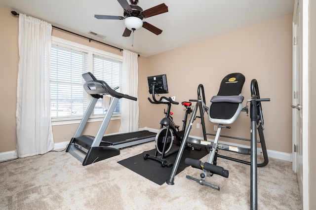 workout area with carpet floors and ceiling fan