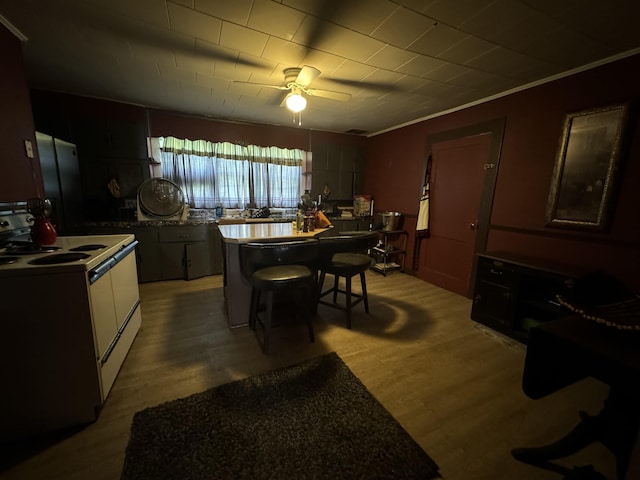 kitchen featuring wood-type flooring, a breakfast bar, a kitchen island, and electric range oven