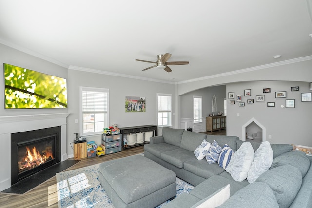 living room with crown molding, hardwood / wood-style flooring, and ceiling fan