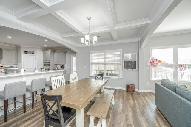 dining room featuring coffered ceiling, ornamental molding, a notable chandelier, hardwood / wood-style flooring, and beam ceiling