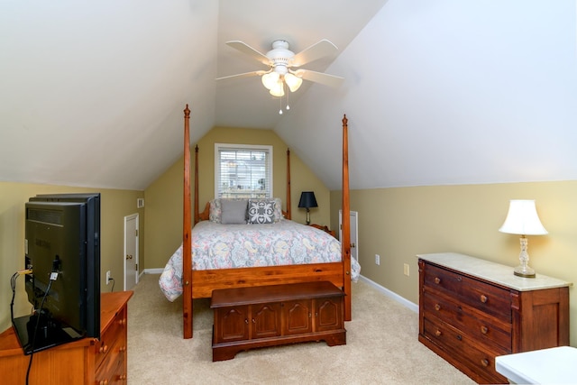 carpeted bedroom featuring ceiling fan and lofted ceiling