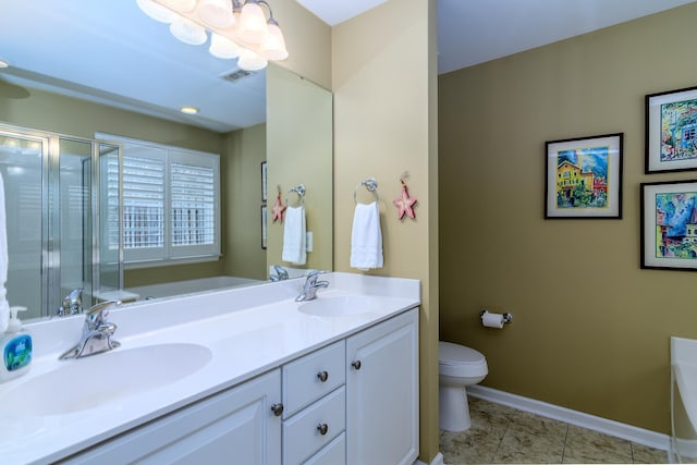 full bathroom with tile patterned flooring, vanity, independent shower and bath, and toilet