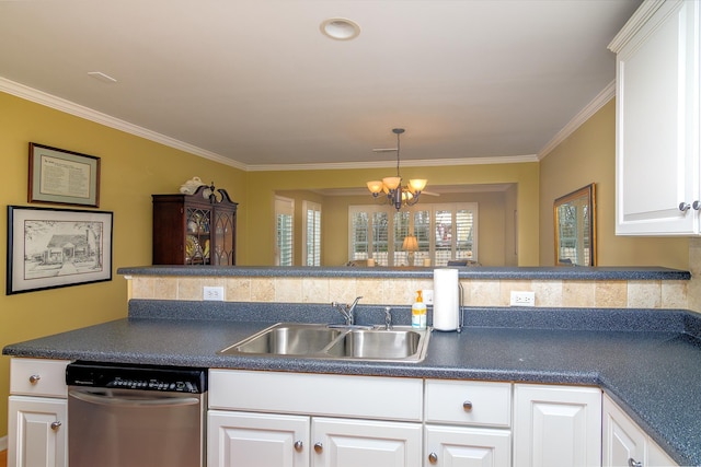 kitchen featuring sink, white cabinetry, an inviting chandelier, crown molding, and dishwasher