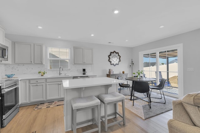 kitchen with sink, a center island, light hardwood / wood-style flooring, appliances with stainless steel finishes, and decorative backsplash